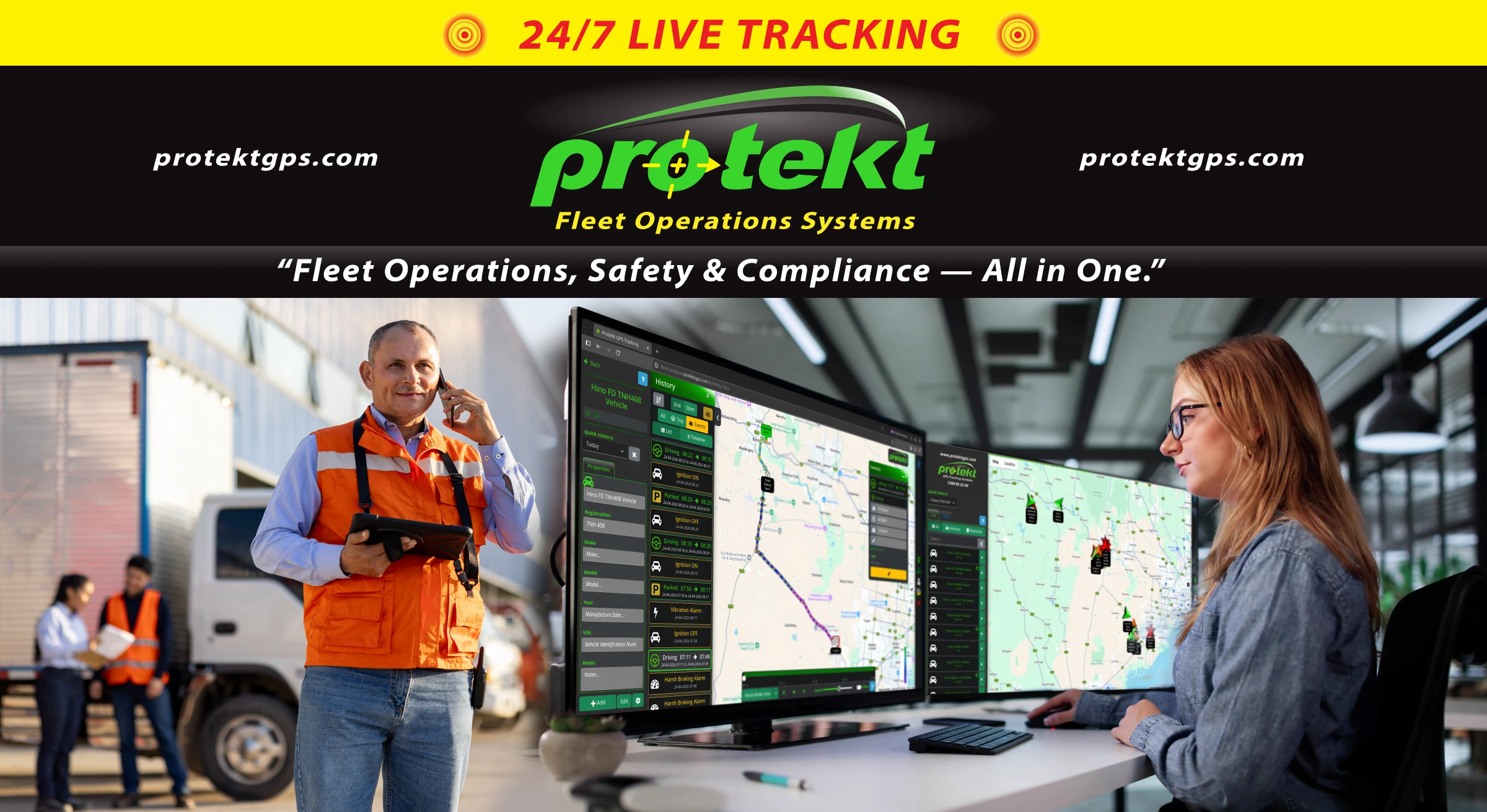 Protekt Fleet Operations Systems: 24/7 live tracking and fleet operations, safety and compliance, all in one